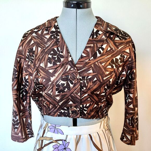 Rare VINTAGE 50s Tiki Pinup Hawaiian Print Cropped Button Down Jacket, Sz 4 / 6 - Picture 1 of 9